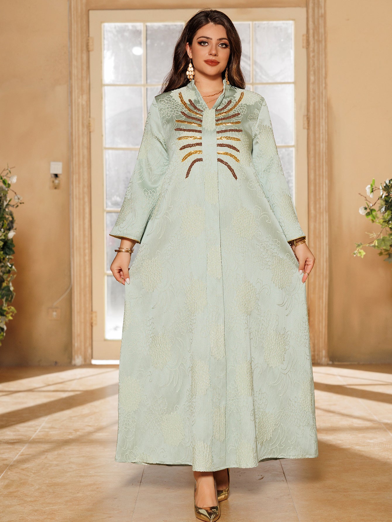Women's V-neck Jacquard Beaded Dress