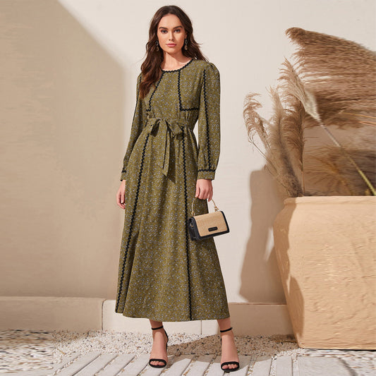 Women's Crewneck Long Sleeve Print Maxi Dress