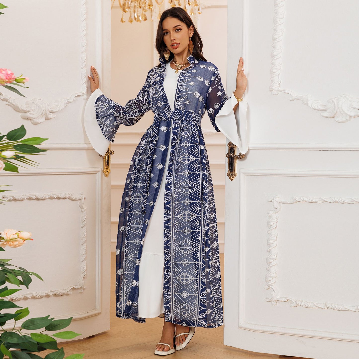 Elegant Long Skirt Embroidered Robe Two-piece Set