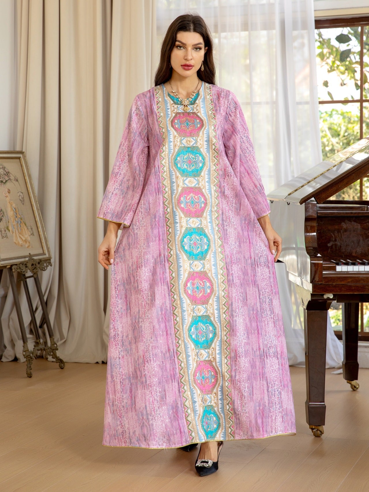 Women's Printed Beaded Embroidered Pullover Dress