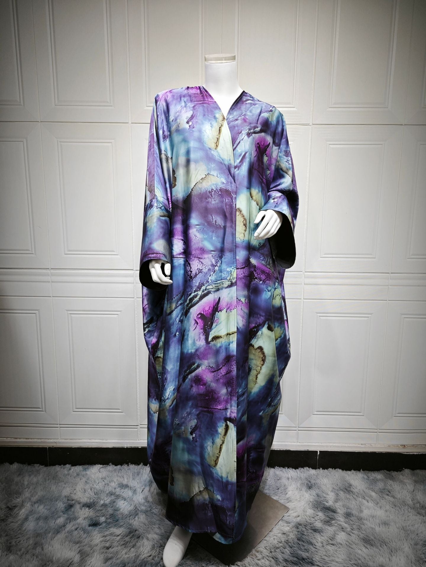Modest Summer Fashion Satin Print Robe with Headscarf