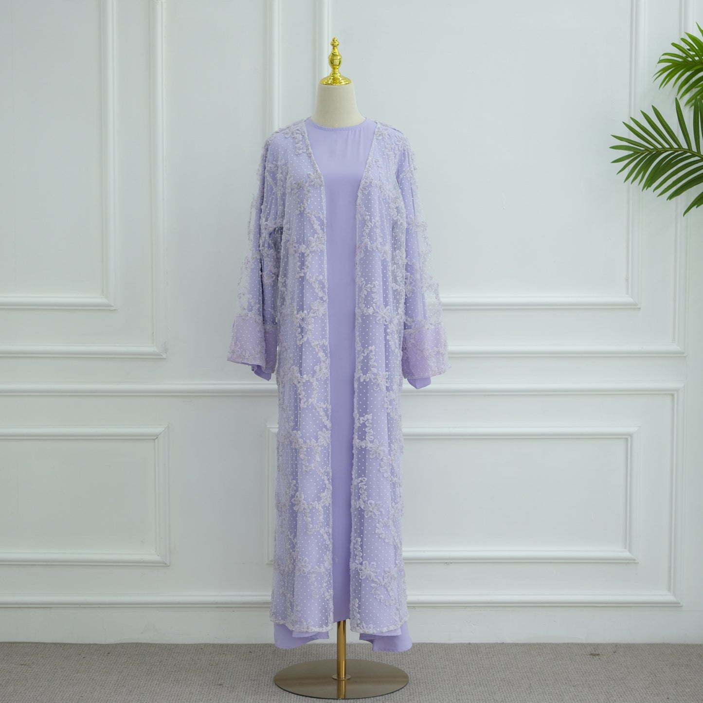 Elegant 3D Floral Mesh Open Abaya with Optional Inner Dress and Scarf