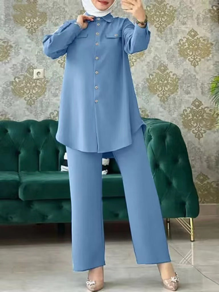 Plain Long-sleeved Shirt and Trousers Two-piece Sets