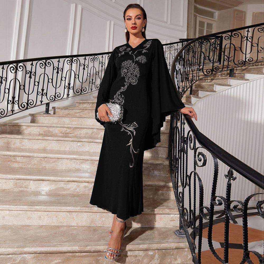V-neck Bat Sleeve Party Embroidered Dress