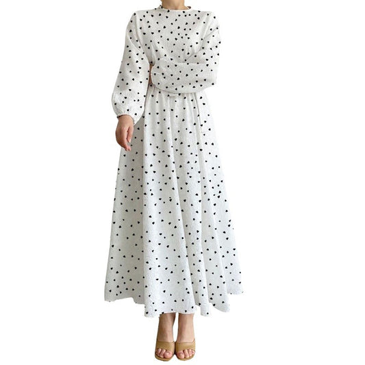 Women's Long-sleeved Crewneck Heart-print Dress