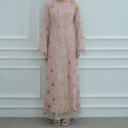 Gold Embroidered Lace Open Dress Elegant Evening Abaya