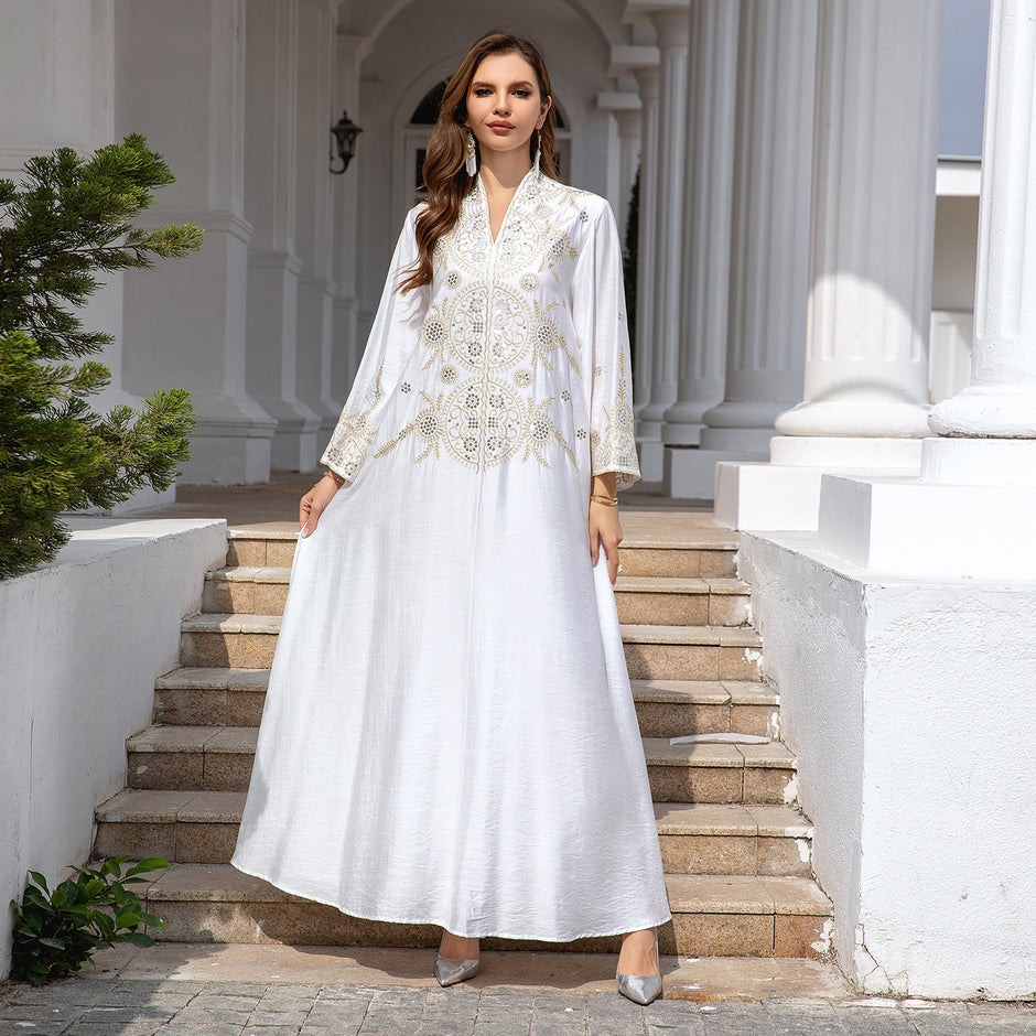 Ladies Colorful Printed Jalabiya – Full-Sleeve Cotton Dress with Embroidery Detailing on Neck
