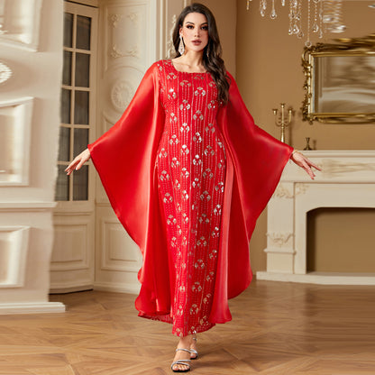 Sequin-embroidered Dolman-sleeved Cinched Waist Dress