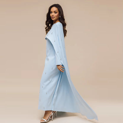 Elegant Beaded Maxi Dress with Attached Cape – Modest Evening Abaya Style