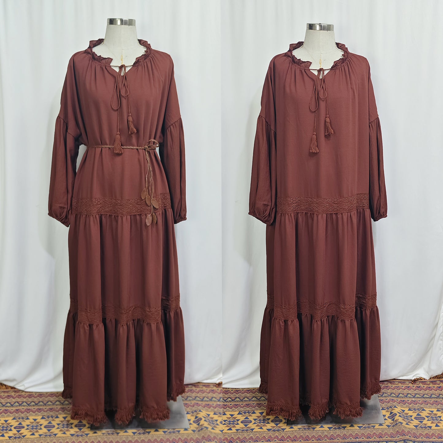 Lace Patchwork Maxi Dress with Tassel Belt and Ruffle Hem