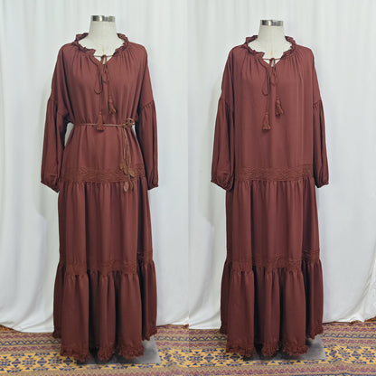 Lace Patchwork Maxi Dress with Tassel Belt and Ruffle Hem