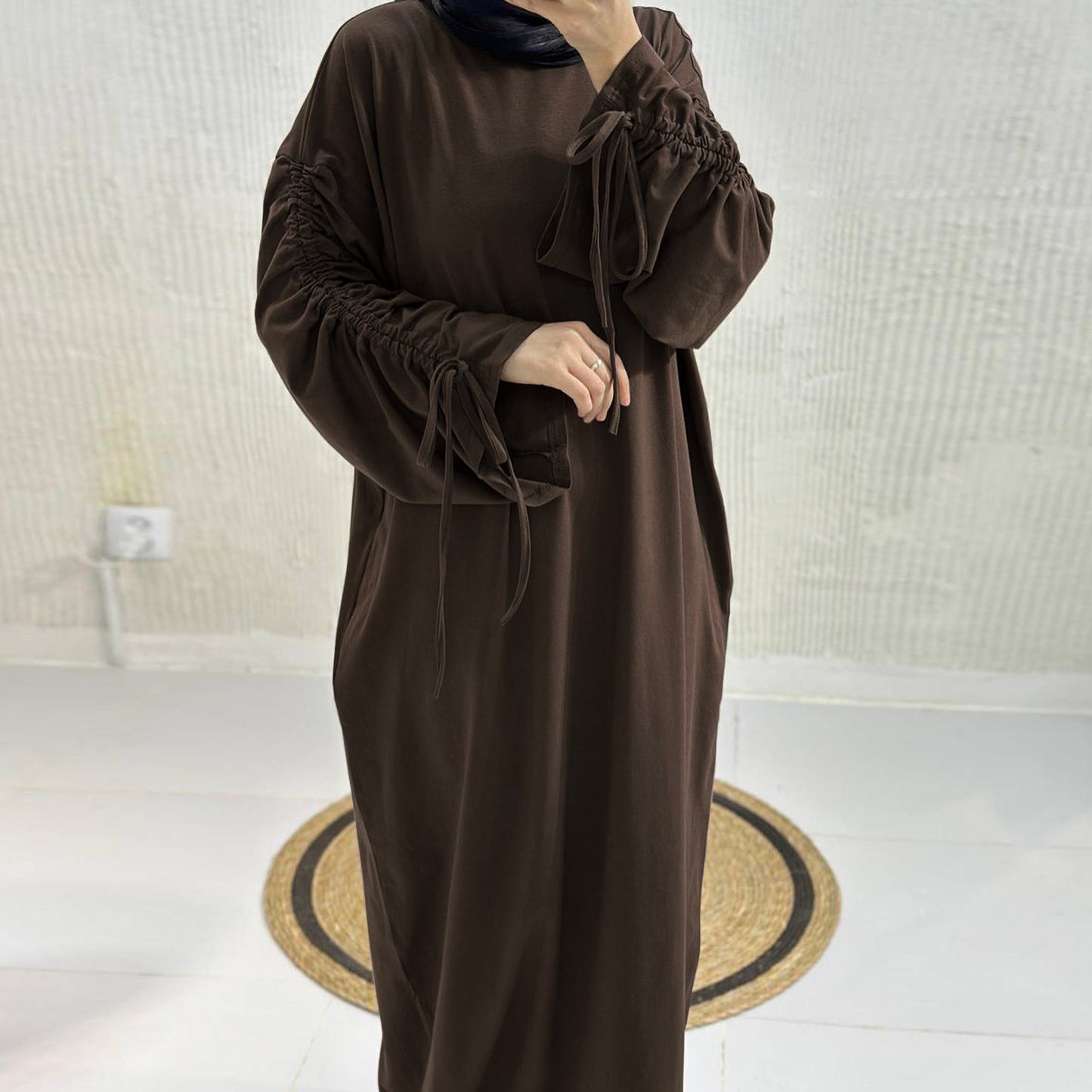 Cuff Drawstring Middle East Modest Maxi Robe Abaya
