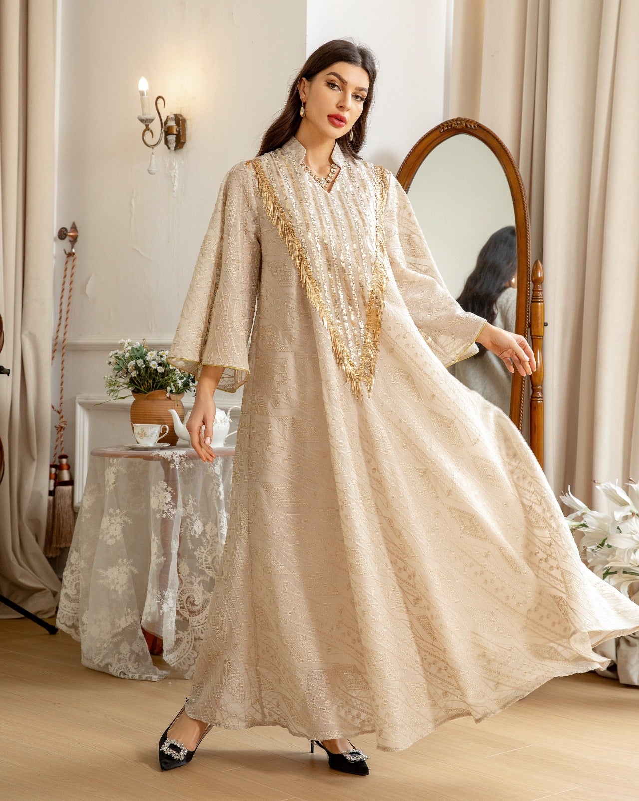 Women's Mesh Embroidered Sequin Jalabiya Dress