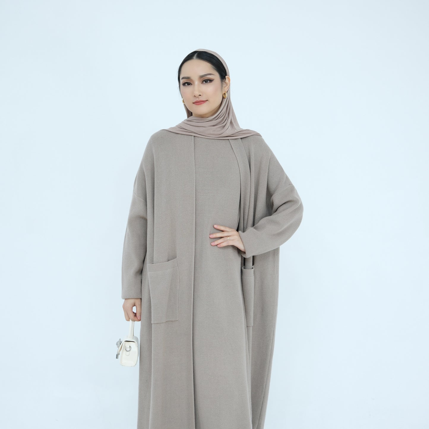 Thick Knit Two-Piece Abaya Set with Cardigan and Inner Dress