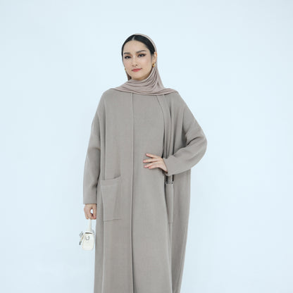 Thick Knit Two-Piece Abaya Set with Cardigan and Inner Dress