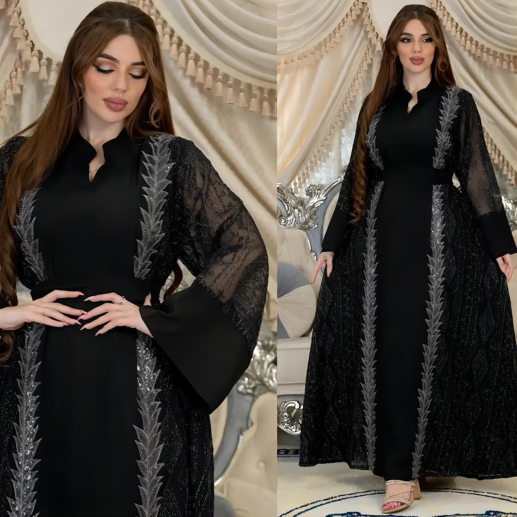 Colorblock Mesh Embroidered Beaded Muslim Dress