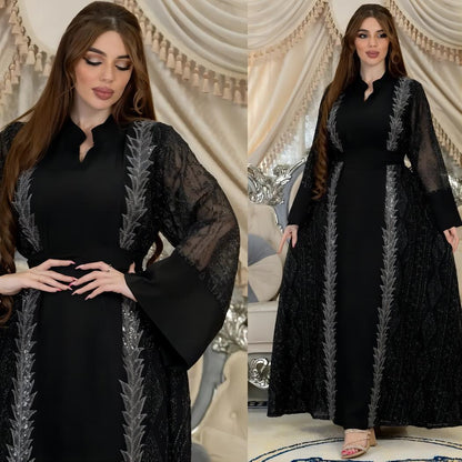 Colorblock Mesh Embroidered Beaded Muslim Dress