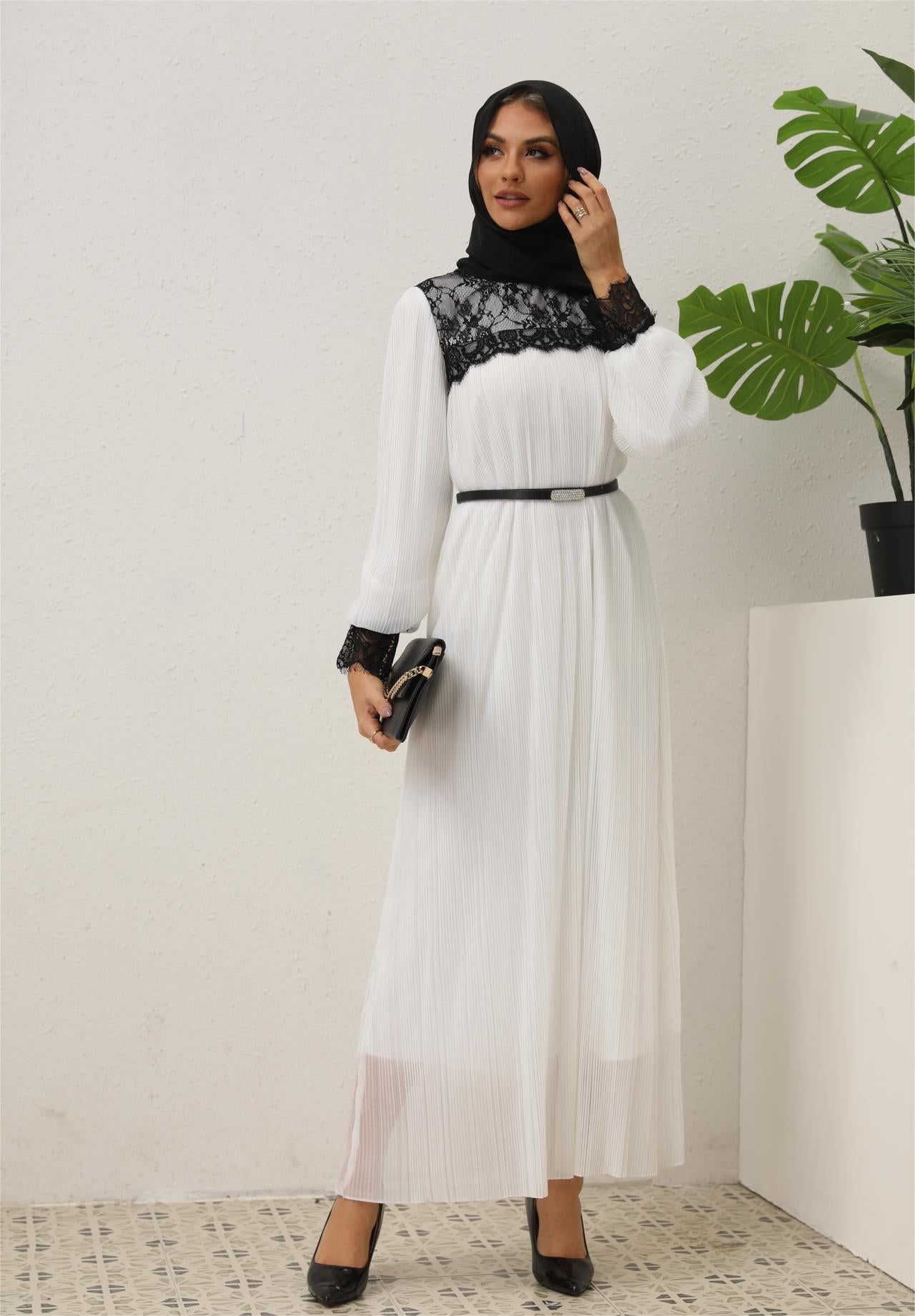 Women's Lace Pleated White Dress (With Belt)