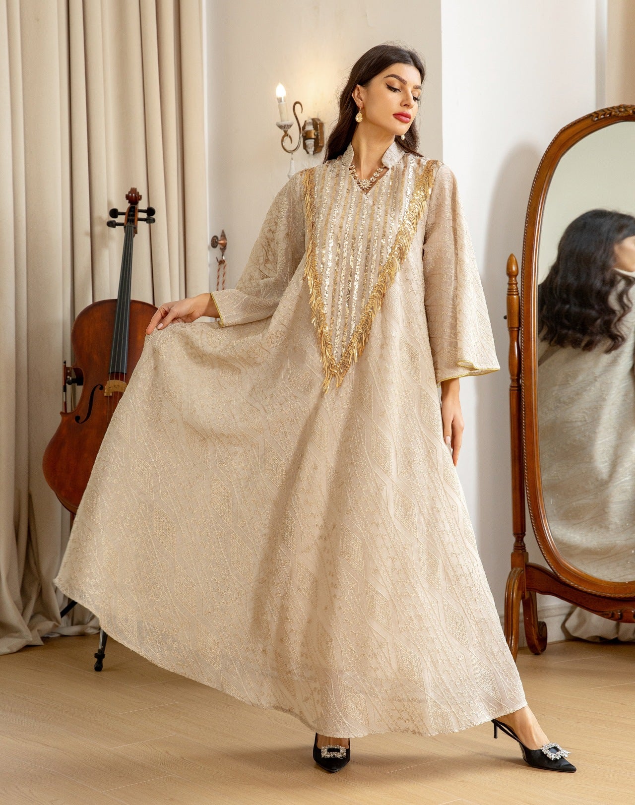 Women's Mesh Embroidered Sequin Jalabiya Dress