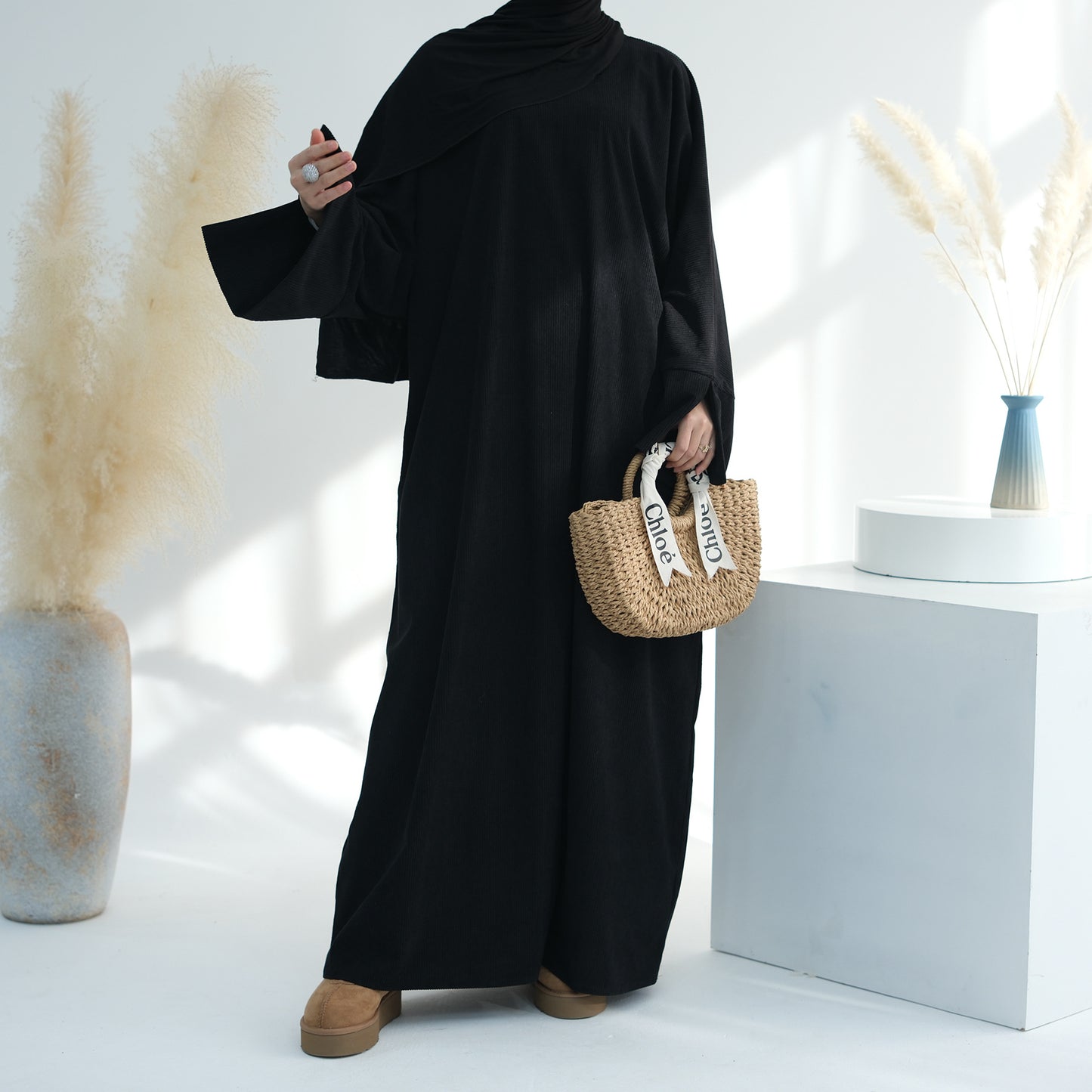 Corduroy Irregular Hem Modest Maxi Dress