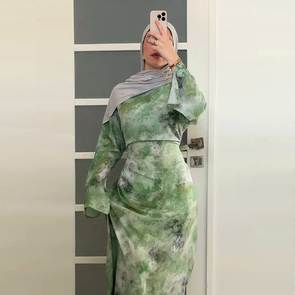 Elegant Printed Maxi Dress with Waist Tie and Back Zipper