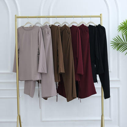 Elegant Modest Two-Piece Set with Long-Sleeve Top and Wide-Leg Pants | Nida Fabric Outfit