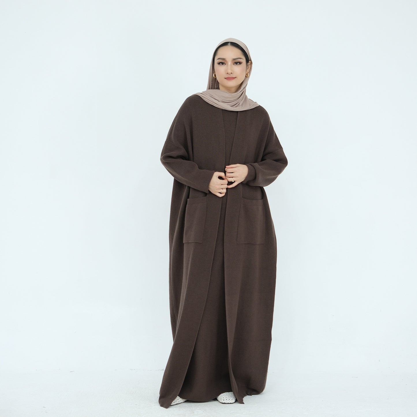 Thick Knit Two-Piece Abaya Set with Cardigan and Inner Dress