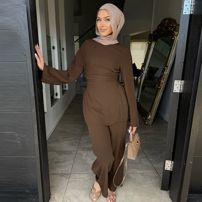 Elegant Modest Two-Piece Set with Long-Sleeve Top and Wide-Leg Pants | Nida Fabric Outfit