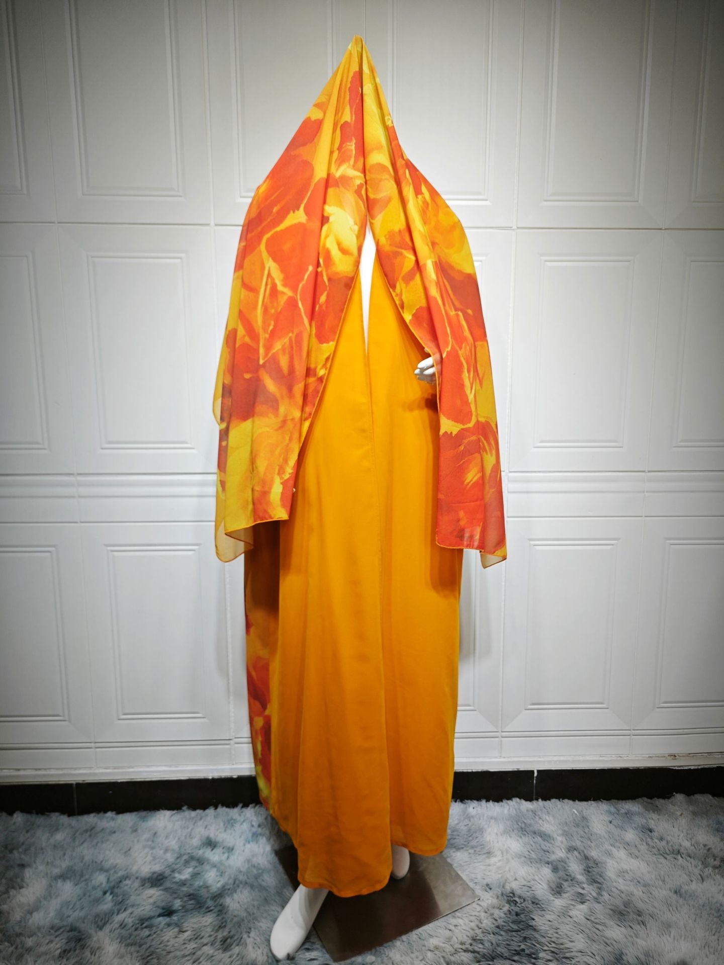 Printed Chiffon Open Abaya Cardigan Two Piece Set with Hijab