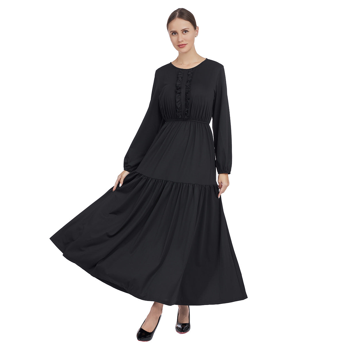 Ruffled Front Maxi Dress with Long Sleeves