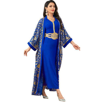 Women's Summer New Muslim Stamped Robe Two Piece Dresses