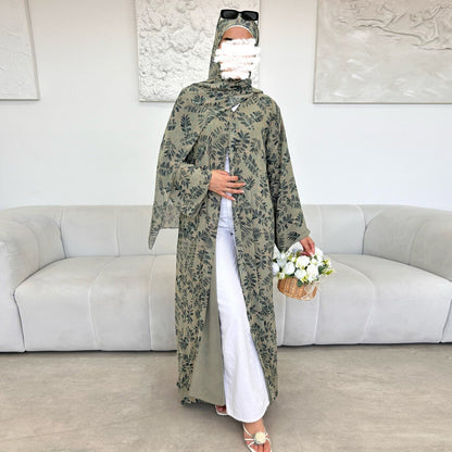 Printed Hijab Set with Double Layer Chiffon Open Cardigan