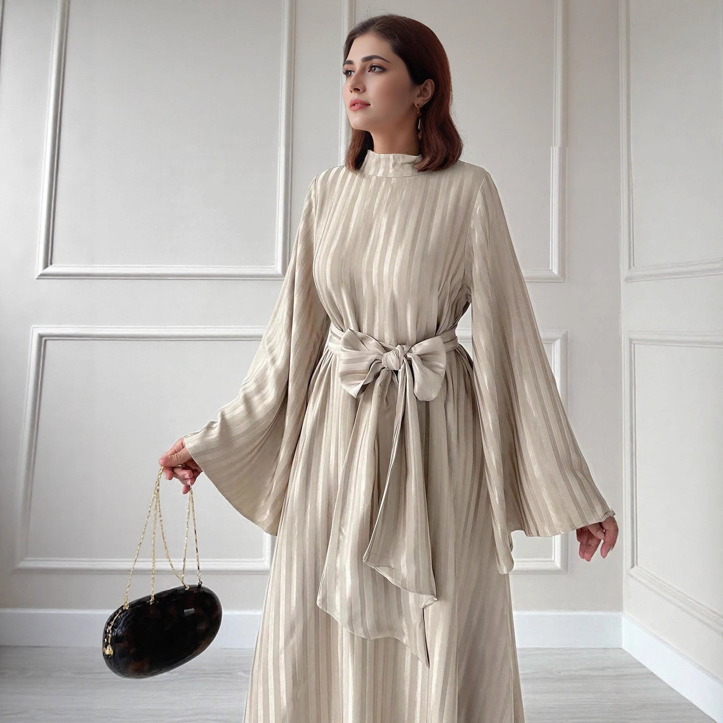 Satin Belted Maxi Dress with Flared Sleeves