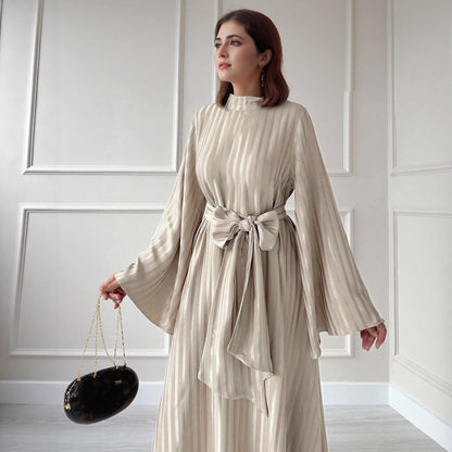 Satin Belted Maxi Dress with Flared Sleeves