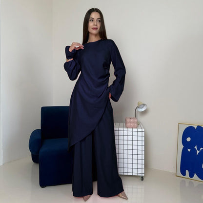 Elegant Two Piece Modest Outfit Long Top and Wide Leg Pants