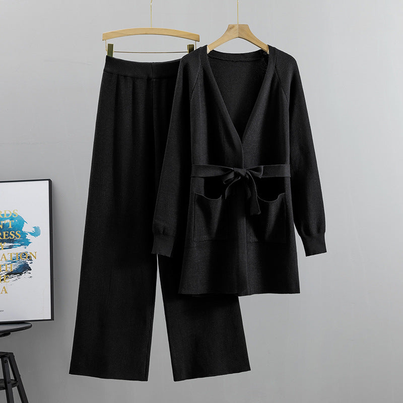 Women's Wide-Leg Pants Knitted Cardigan Two-Piece Set