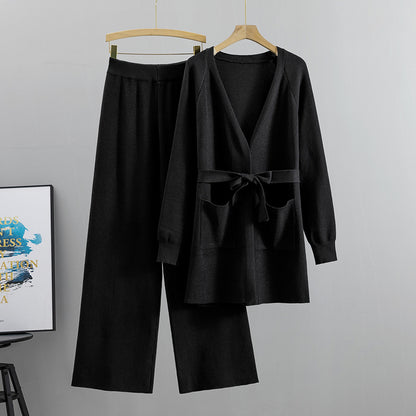 Women's Wide-Leg Pants Knitted Cardigan Two-Piece Set