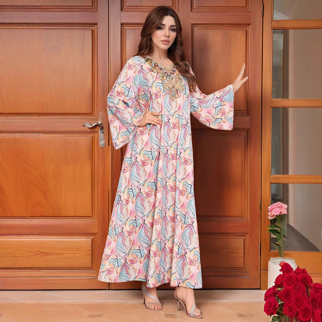 Women's Sequin-embroidered V-neck Flared Sleeve Dress