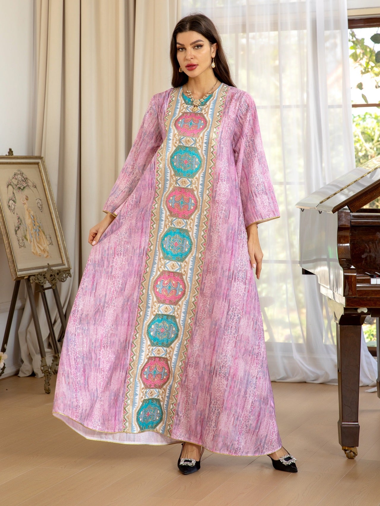 Women's Printed Beaded Embroidered Pullover Dress