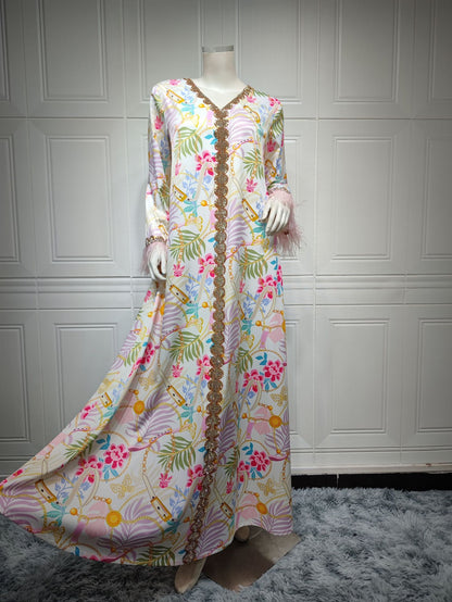 Hot Diamond Ostrich Feather Patchwork Printed Dress