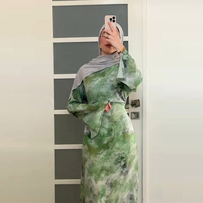 Elegant Printed Maxi Dress with Waist Tie and Back Zipper