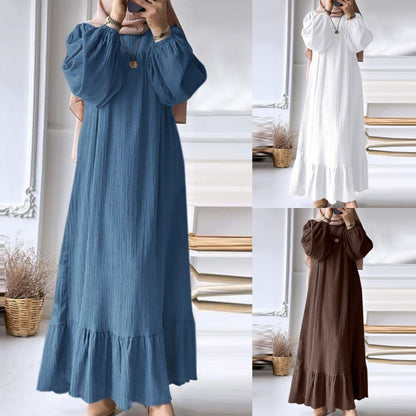 Women's Puff Sleeve Solid Ruffle Dress