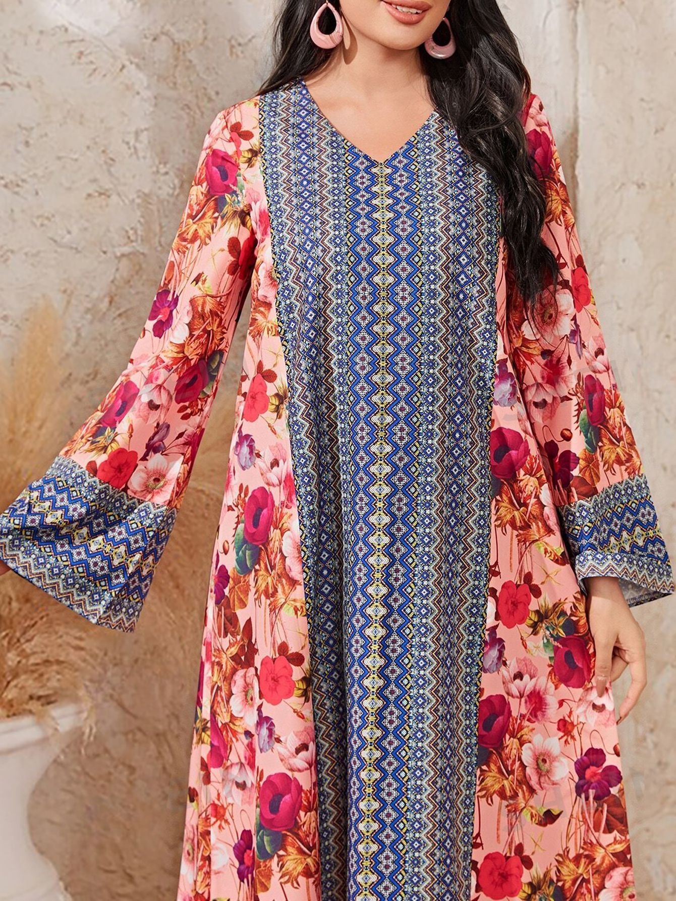 Women's Printed Color-block Flared Sleeve Dress