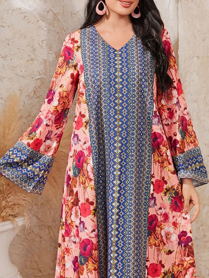 Women's Printed Color-block Flared Sleeve Dress