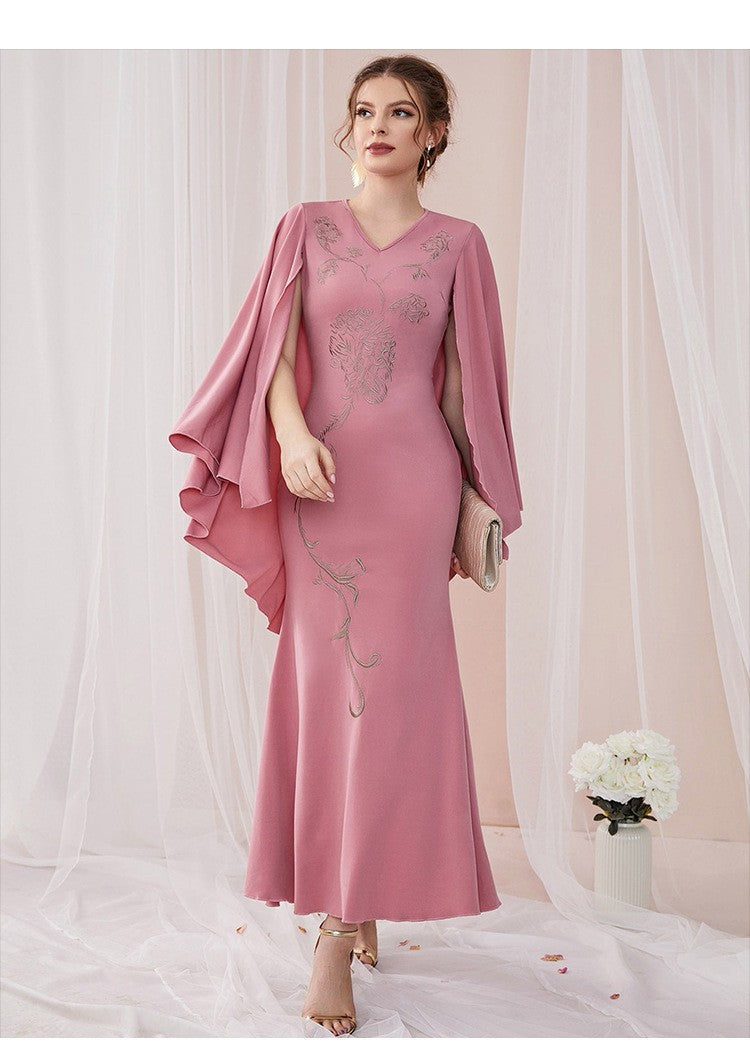 V-neck Bat Sleeve Party Embroidered Dress