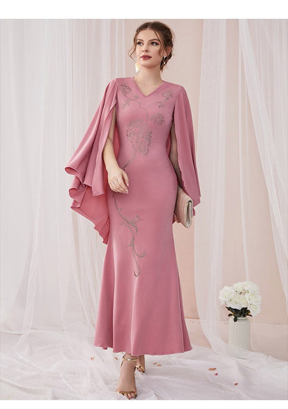 V-neck Bat Sleeve Party Embroidered Dress
