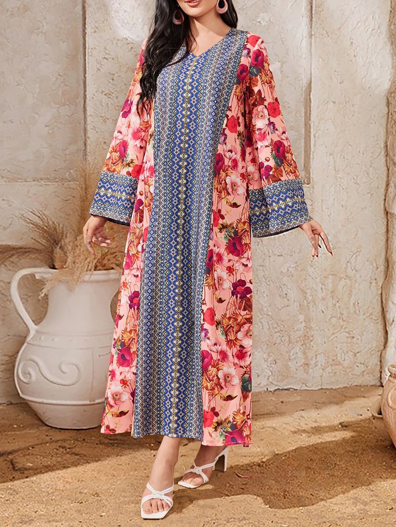 Women's Printed Color-block Flared Sleeve Dress