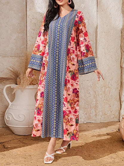 Women's Printed Color-block Flared Sleeve Dress