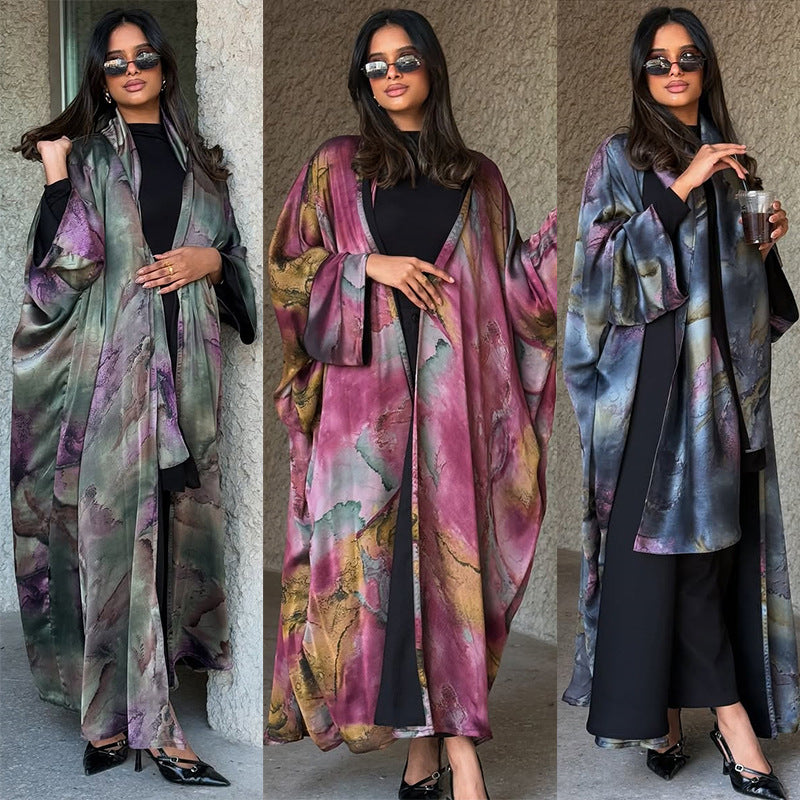 Modest Summer Fashion Satin Print Robe with Headscarf