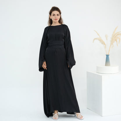 Elegant Solid Color Two Piece Abaya Set with Inner Dress